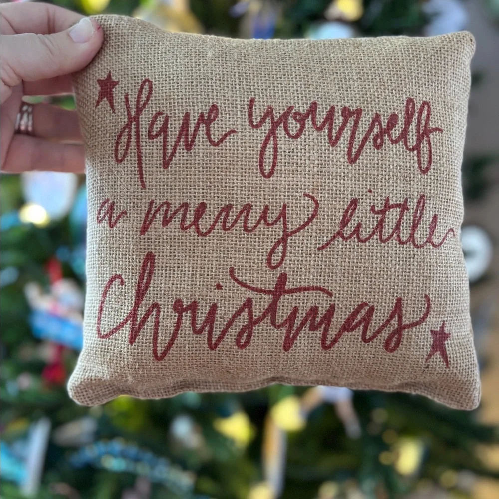 Christmas Pillow Burlap Red Script 8x8